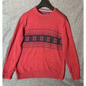 Nautica Sweater Mens Medium Red Chunky Cotton Christmas Snowflakes Vintage 90s M